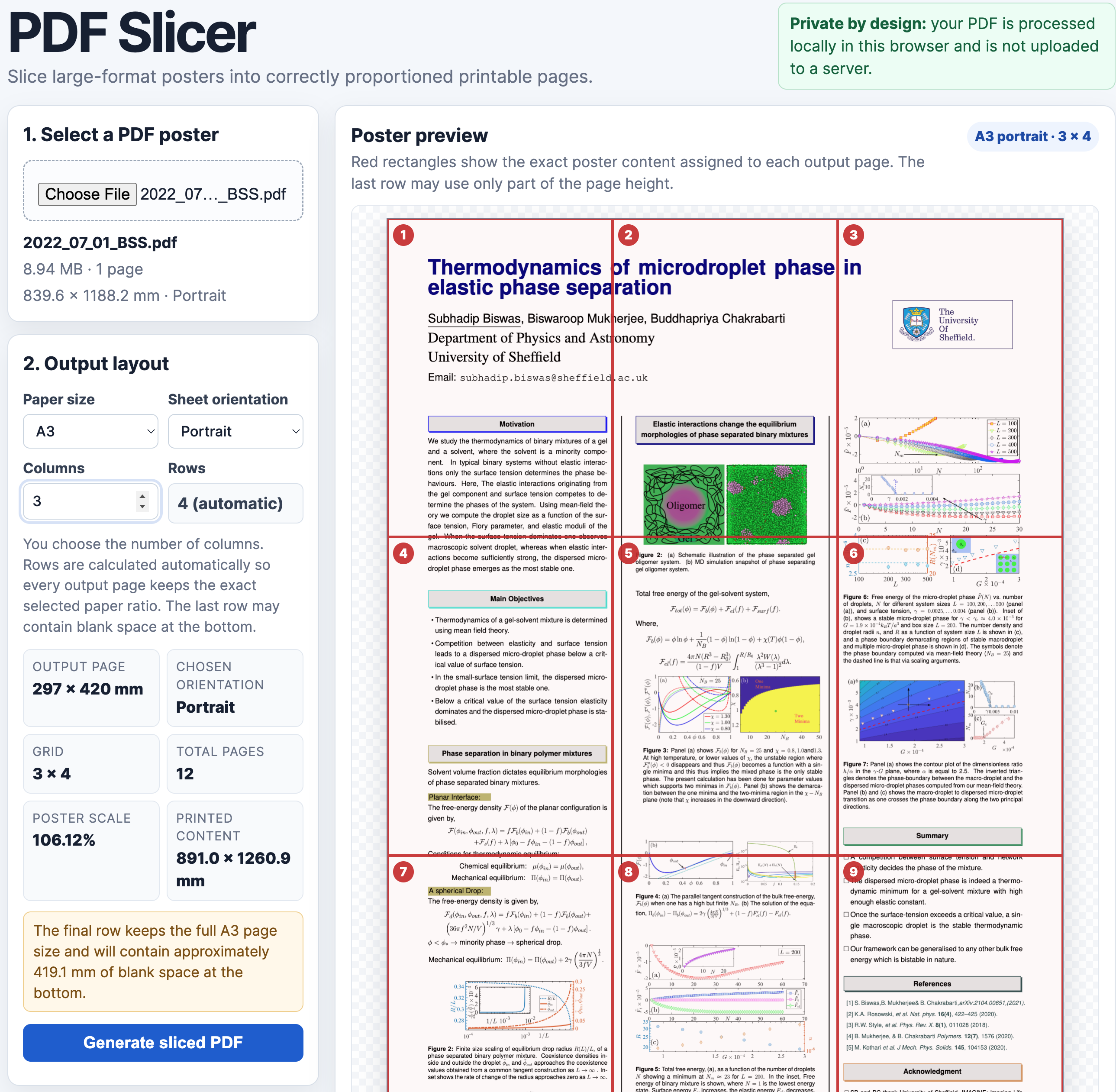 PDF Slicer interface showing a poster divided into printable sheets
